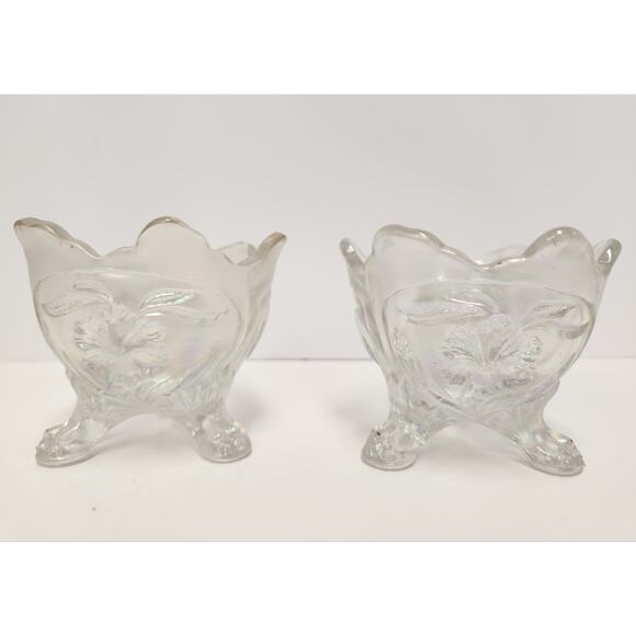 Vintage Iridescent Pressed Glass Footed Candle Holders Set of 2 Floral Pattern - Picture 1 of 6